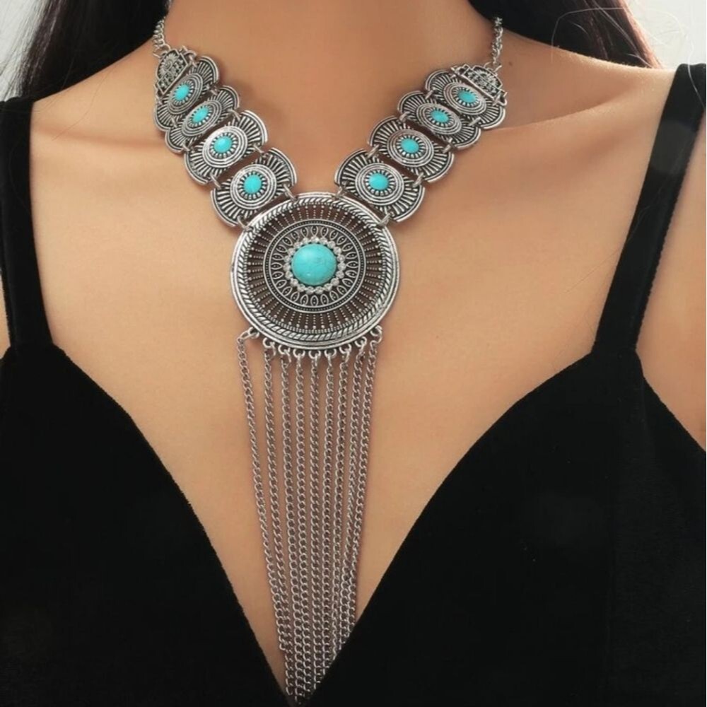 blue and silver fringe necklace